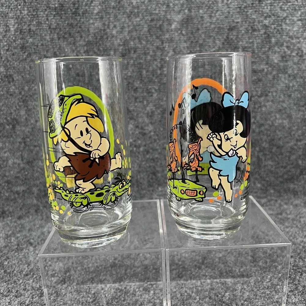 1986 Pizza Hut Flintstone Kids Glasses Barney & Betty Hanna-Barbera Set Of 2